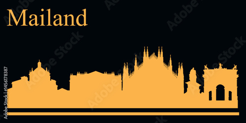 Yellow silhouette of Mailand, Italy city skyline on black background. Vector