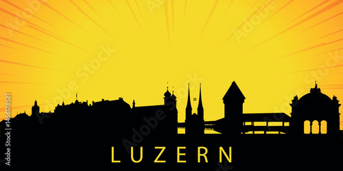 A silhouette of the skyline of Lucern, Switzerland against the backdrop of the sunset. The sun is low above the horizon, emitting orange-yellow light with rays that diverge upward.