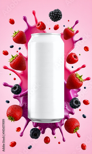 Photograph of a white can of soda, surrounded by berries against a bright pink background, creating a vibrant, energetic, and refreshing visual.