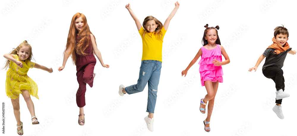 Happy children kids in casual clothing jumping with expressive faces, showing joy isolated on transparent background. Concept of childhood, fun, leisure, friendship, early development. Banner