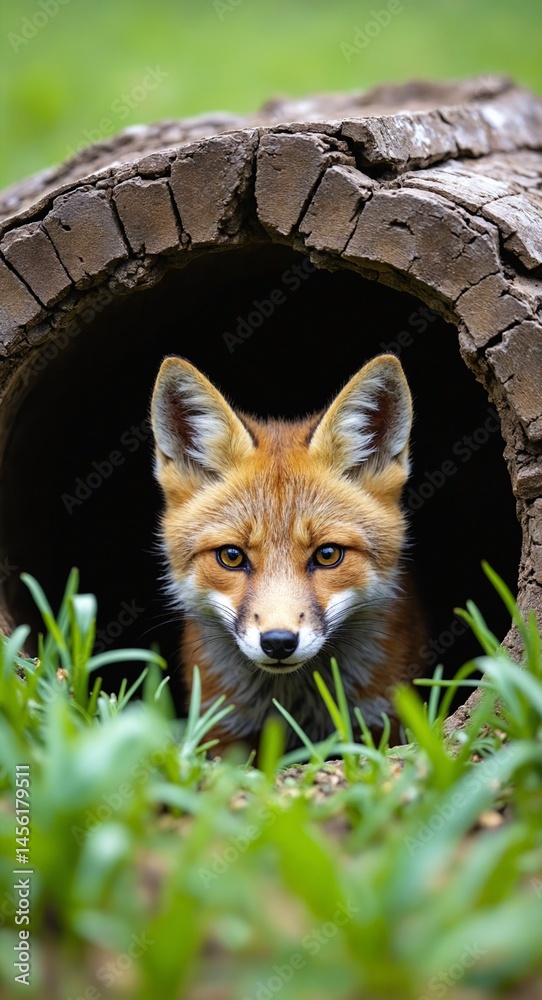 Obraz premium Fox cub peeking out a hole in the grass