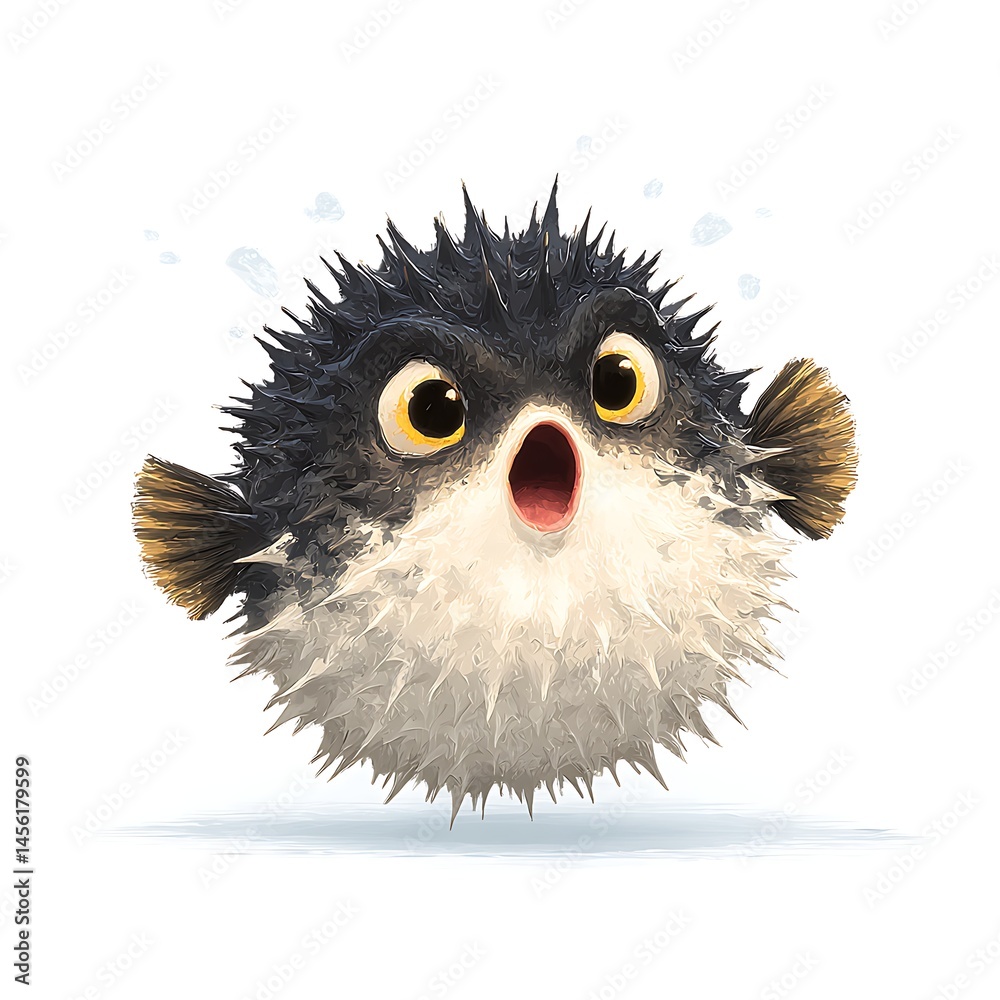 Fototapeta premium Wide-eyed fish with spiky skin in defense posture. Vector image of a sea creature on white background.