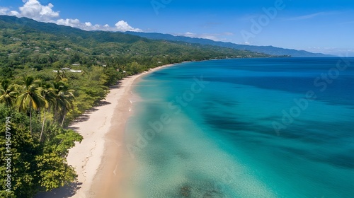 Panoramic view of a tropical beach and coastline.