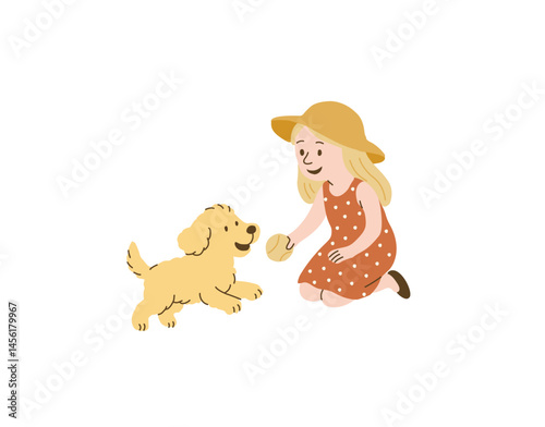 Vector hand drawn illustration of little girl sitting and playing with a small happy golden retriever puppy with a ball. Girl dress red shirt with dots and summer hat