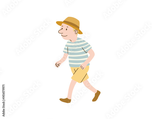 Vector hand drawn illustration of man walking and wear blue stripe shirt, summer yellow hat isolated on transparent background in cartoon style
