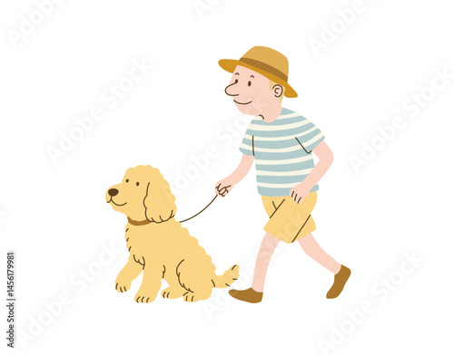 Vector hand drawn illustration of men walking his golden retriever dog