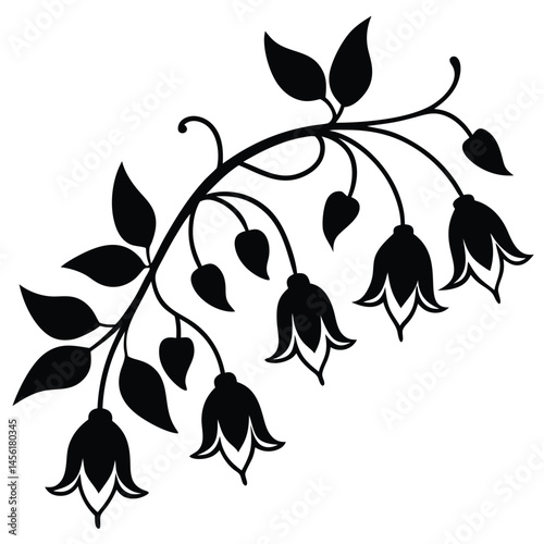 Elegant Black Silhouette of Blooming Flower Branch with Leaves