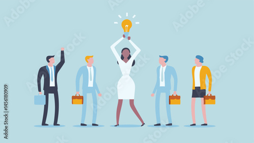 Woman celebrates brilliant idea team cheers lightbulb moment business success vector illustration