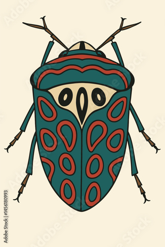Illustration of a Stink Bug Insect with Red Spots and Green Shell
