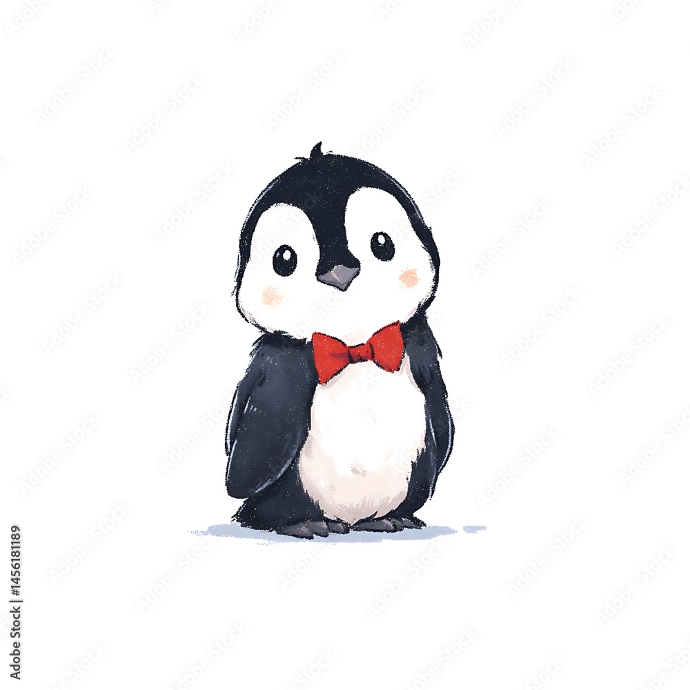 Naklejka premium A charming cartoon penguin wearing a red bow tie against a plain white background. Cute and endearing.