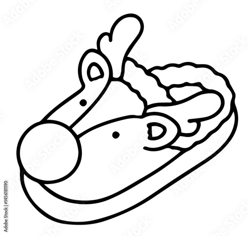 Christmas slipper designed as a reindeer head with big round eyes, nose, ears, antlers