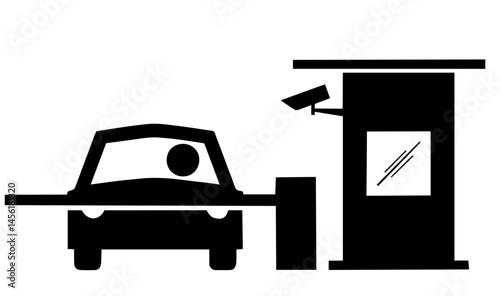 car stopped at security barrier gate with booth, window, surveillance camera pointed at vehicle. checkpoint control, parking access, toll station, vehicle monitoring system