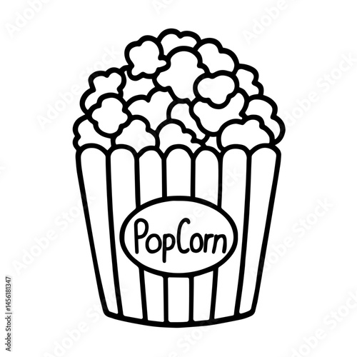triped popcorn bucket filled with fluffy kernels and labeled "PopCorn" in oval badge. cinema snacks, movie time, entertainment, and fast food culture in minimal graphic style