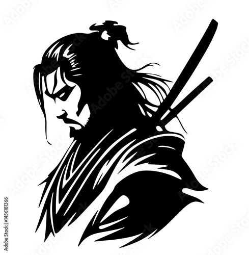 traditional samurai in profile with long hair tied in a topknot, wearing flowing robes and carrying two swords in sheaths on his back. Japanese warrior code, honor, bushido, historical martial culture