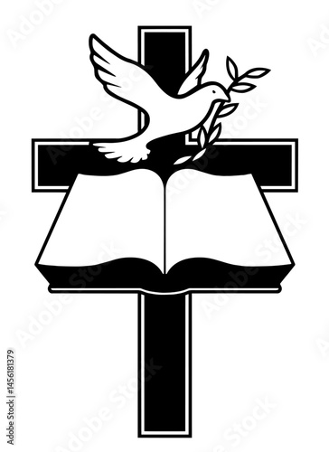 Christian symbol with large cross, open Bible, dove holding olive branch above. peace, Holy Spirit, gospel teachings, major religious feasts in Christianity and church worship