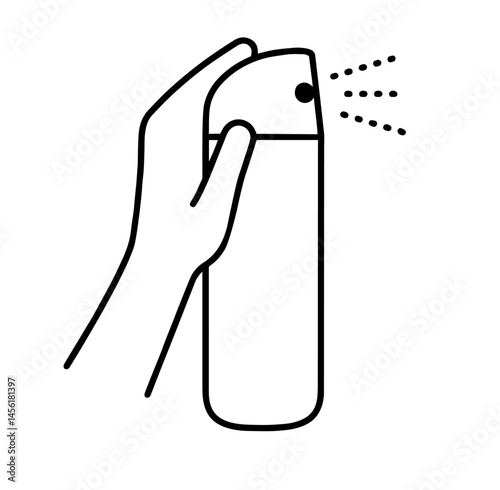 hand holding and spraying aerosol can with visible mist – multipurpose spray for air freshening, bathroom odor control, insect repellent use against mosquitoes, bugs