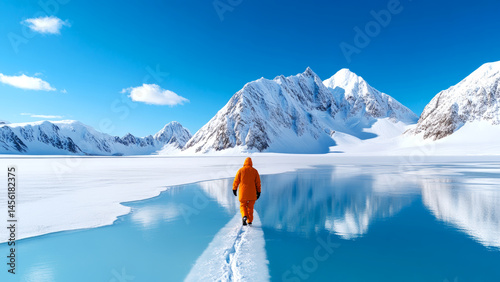 Solitary journey snow covered mountain reflections in frozen wilderness