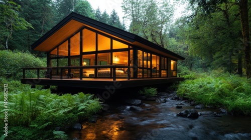 This serene modern cabin, set in a lush forest with a calming stream beside it, beautifully combines architecture with nature, inviting moments of introspection and relaxation.