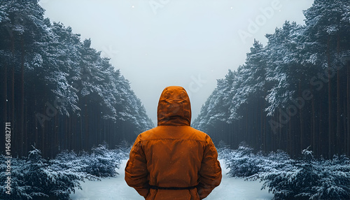 Person in Orange Coat Walking Snowy Path Through Forest in Winter