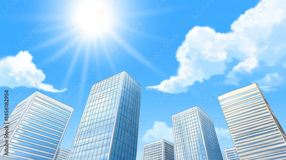 Fototapeta premium Urban Landscape Bright Sky Modern Architecture Cityscape Illustration Upward View Office Towers Financial District Scenic Skyline