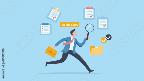 Busy businessman reviewing to do lists searching for solutions carrying briefcase flat design pastel