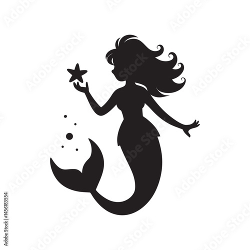 Child Mermaid Silhouette Holding Starfish, Innocent Fantasy Underwater Scene