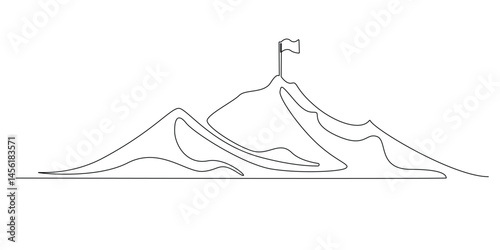 continuous line drawing of mountain with flag.single line drawing of flag on top of mountain.single line vector illustration of mountain climbing,symbol sign of achievement