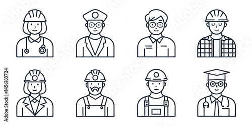  Profession Line Icons Collection – Vector Job Pictograms of Doctor, Engineer, Firefighter, Teacher, Scientist