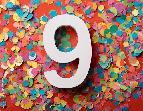 Number 9 with confetti. Photo for ninth birthday or anniversary party