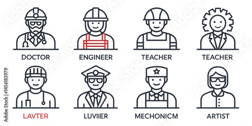  Profession Line Icons Collection – Vector Job Pictograms of Doctor, Engineer, Firefighter, Teacher, Scientist