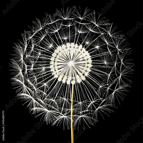 A close up of a dandelion with a gold and black design. The flower is surrounded by a black background