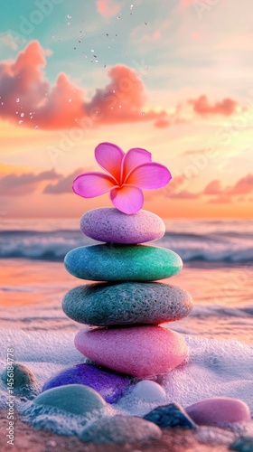 Zen stones on beach at sunset