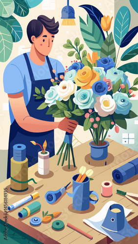 A man is arranging flowers on a table. The flowers are in a vase and there are scissors and a cup nearby. The man is wearing an apron and he is focused on his task