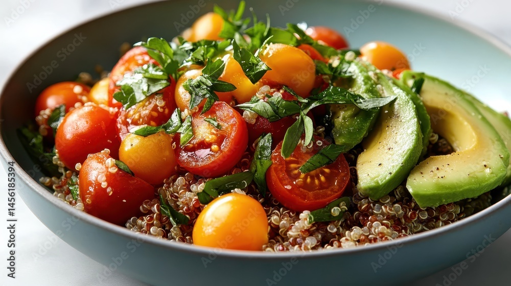 This image showcases an appealing quinoa salad filled with cheerful cherry tomatoes and creamy avocado, illuminated with fresh herbs, encapsulating health and vibrant flavors. This image showcases an appealing quinoa salad filled with cheerful cherry tomatoes and creamy avocado, illuminated with fresh herbs, encapsulating health and vibrant flavors.
