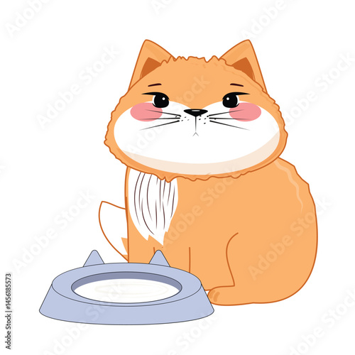 Adorable kitten with food dish, pet feeding time, modern animal care illustration for kids and decor