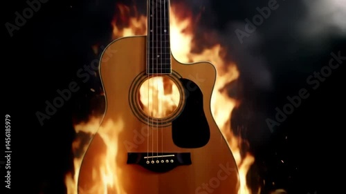 Acoustic guitar surrounded by bright flames with smoke against black backdrop