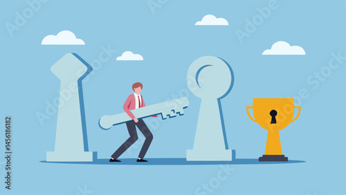 Businessman unlocks success giant key opens opportunity trophy prize awaits simple vector