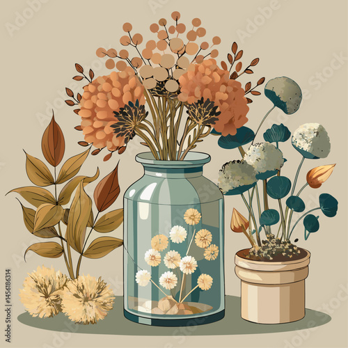 A vase with flowers and a plant sits on a table. The flowers are in a glass container, and the plant is in a pot. The scene is colorful and lively, with a sense of freshness and growth