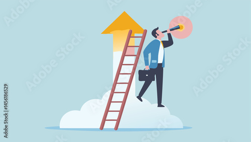 Businessman climbing ladder to success using a telescope to see future opportunities on a cloud flat