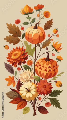 A colorful autumn scene with flowers and pumpkins. The flowers are yellow and orange, and the pumpkins are orange. The image has a warm and cheerful mood, with the bright colors of the flowers