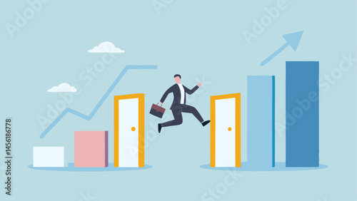 Businessman leaping over gap growth chart achieving goals career success ambitious jump overcoming
