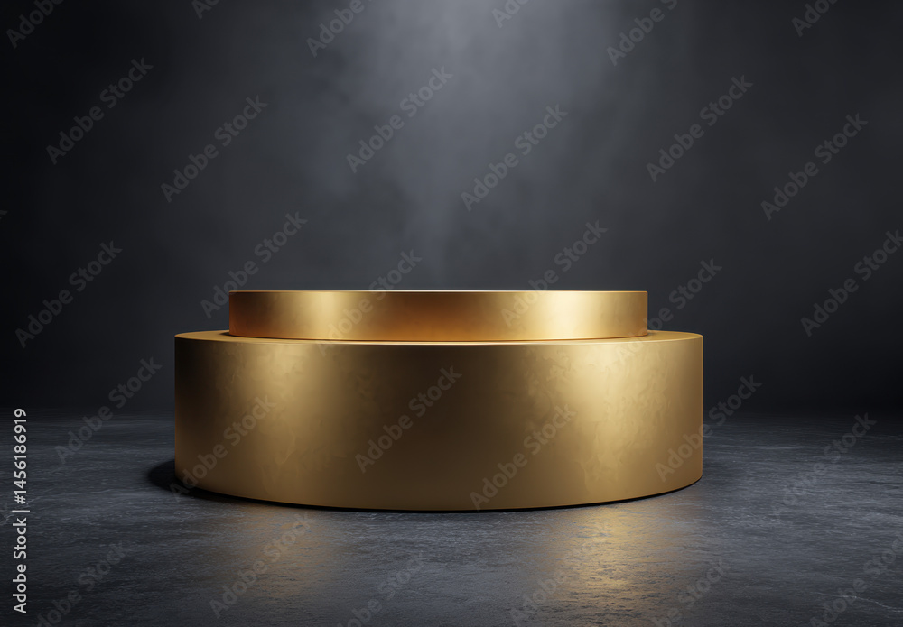 Two Tiered Gold Podium on Dark Background with Smoke Two Tiered Gold Podium on Dark Background with Smoke