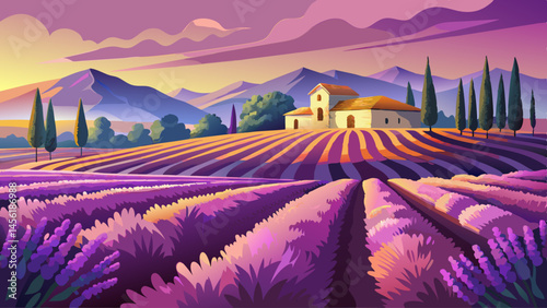 A painting of a vineyard with a house in the background. The house is white and has a red roof. The vineyard is full of purple flowers