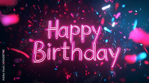 Neon Happy Birthday Celebration with Confetti