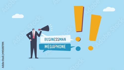 Businessman using megaphone urgent announcement flat design illustration light blue background