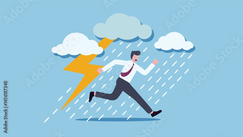 Businessman running from storm lightning rain urgent stressful situation Flat design