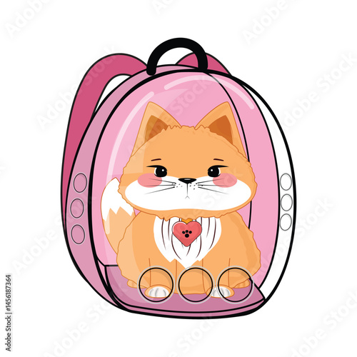 Cartoon kitten in transparent pet backpack, modern cat carrier for safe animal transportation and travel