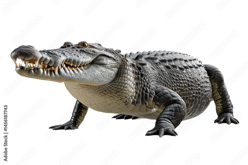 Naklejka premium Aggressive crocodile with open mouth showing teeth, isolated on transparent background