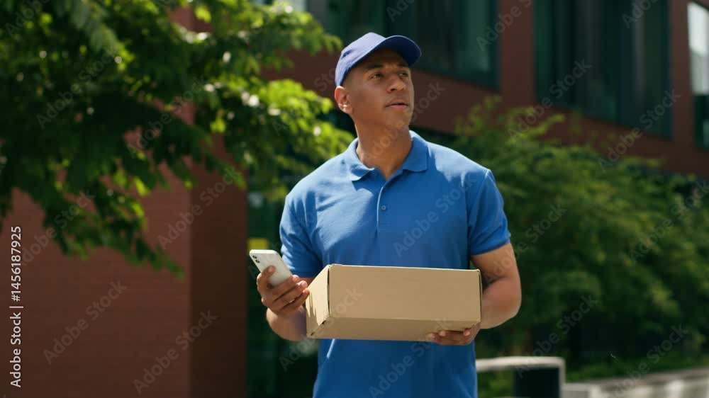 Puzzled African American courier man delivery guy male postman looking at mobile phone check address client online internet smartphone using lost in city using GPS map carrying box parcel trouble