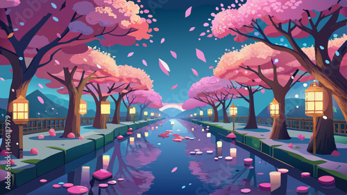 A beautiful painting of a river with cherry blossoms and lights. The mood of the painting is serene and peaceful